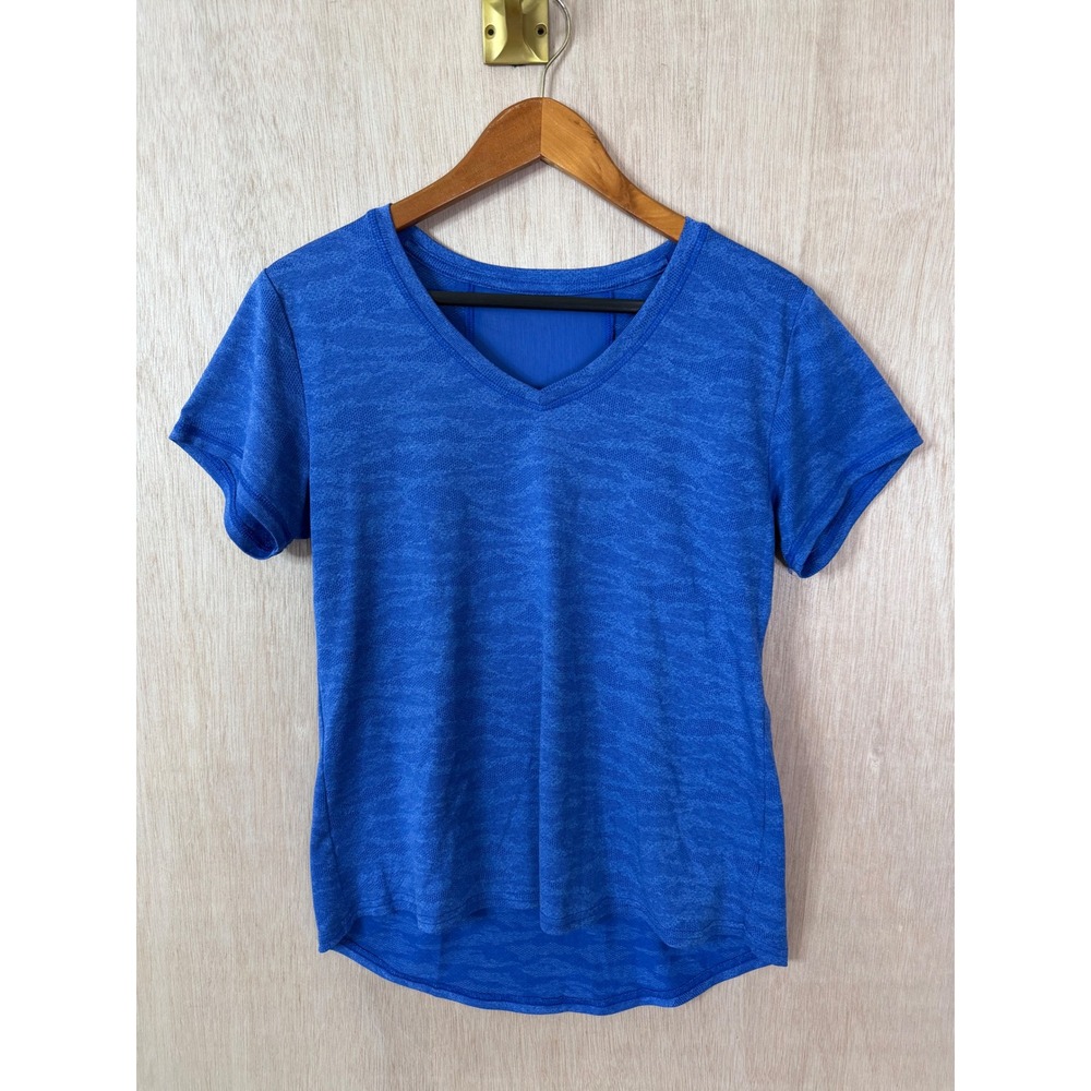 BCG Womens Blue Active Wear V-Neck Mesh Back Short Sleeve Shirt Medium